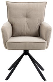 Frontansicht eines beigen Sessels mit geripptem Stoffbezug und schwarzem Metallgestell.