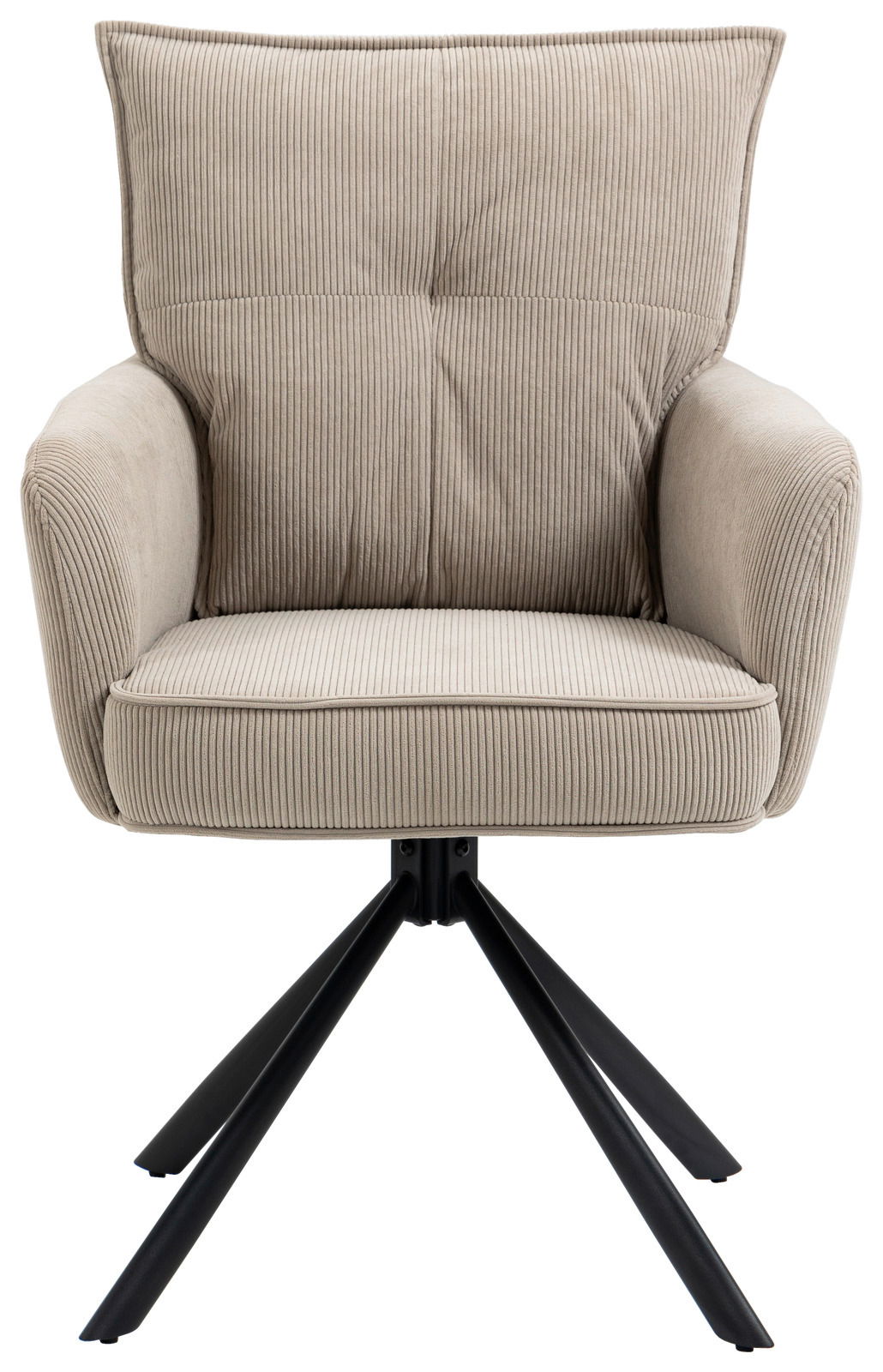 Frontansicht eines beigen Sessels mit geripptem Stoffbezug und schwarzem Metallgestell.