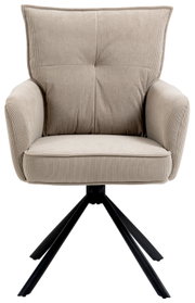 Vooraanzicht van een beige fauteuil met geribbelde stoffen bekleding en een zwart metalen frame.