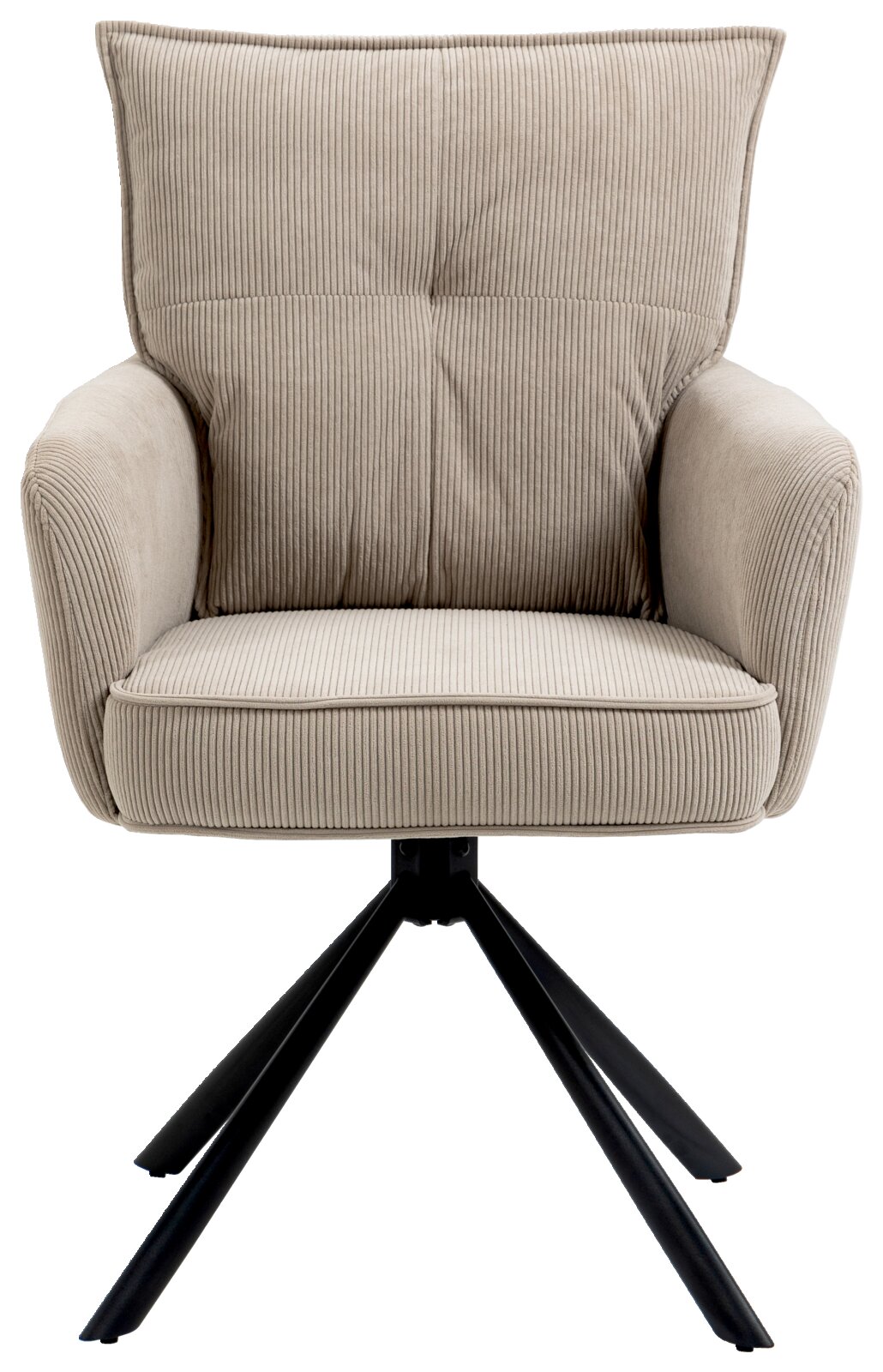 Vooraanzicht van een beige fauteuil met geribbelde stoffen bekleding en een zwart metalen frame.