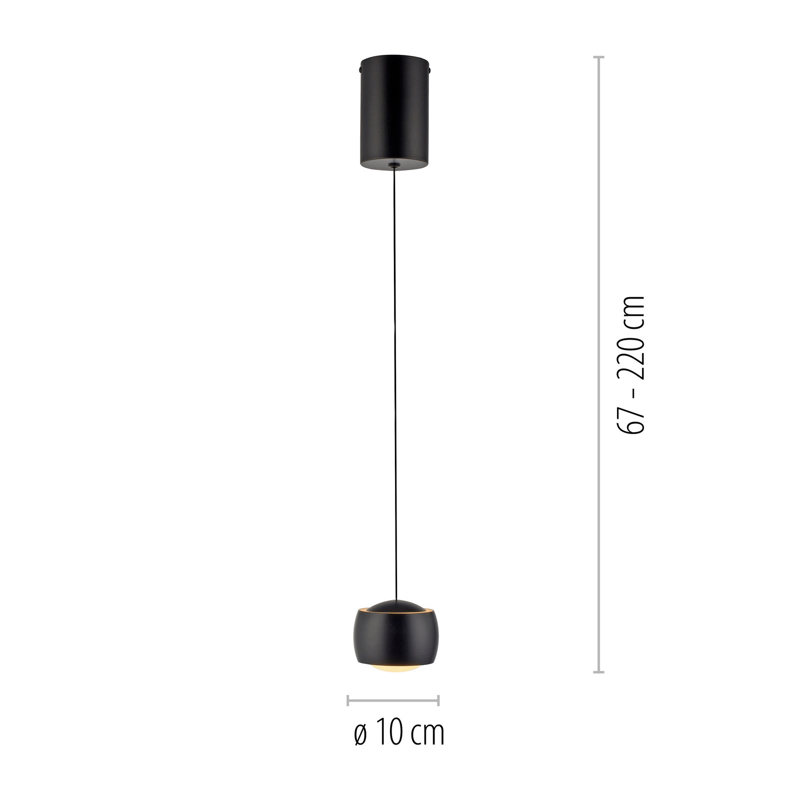 Moderne schwarze Pendelleuchte mit verstellbarer Höhe von 67 bis 220 cm, seitliche Perspektive
