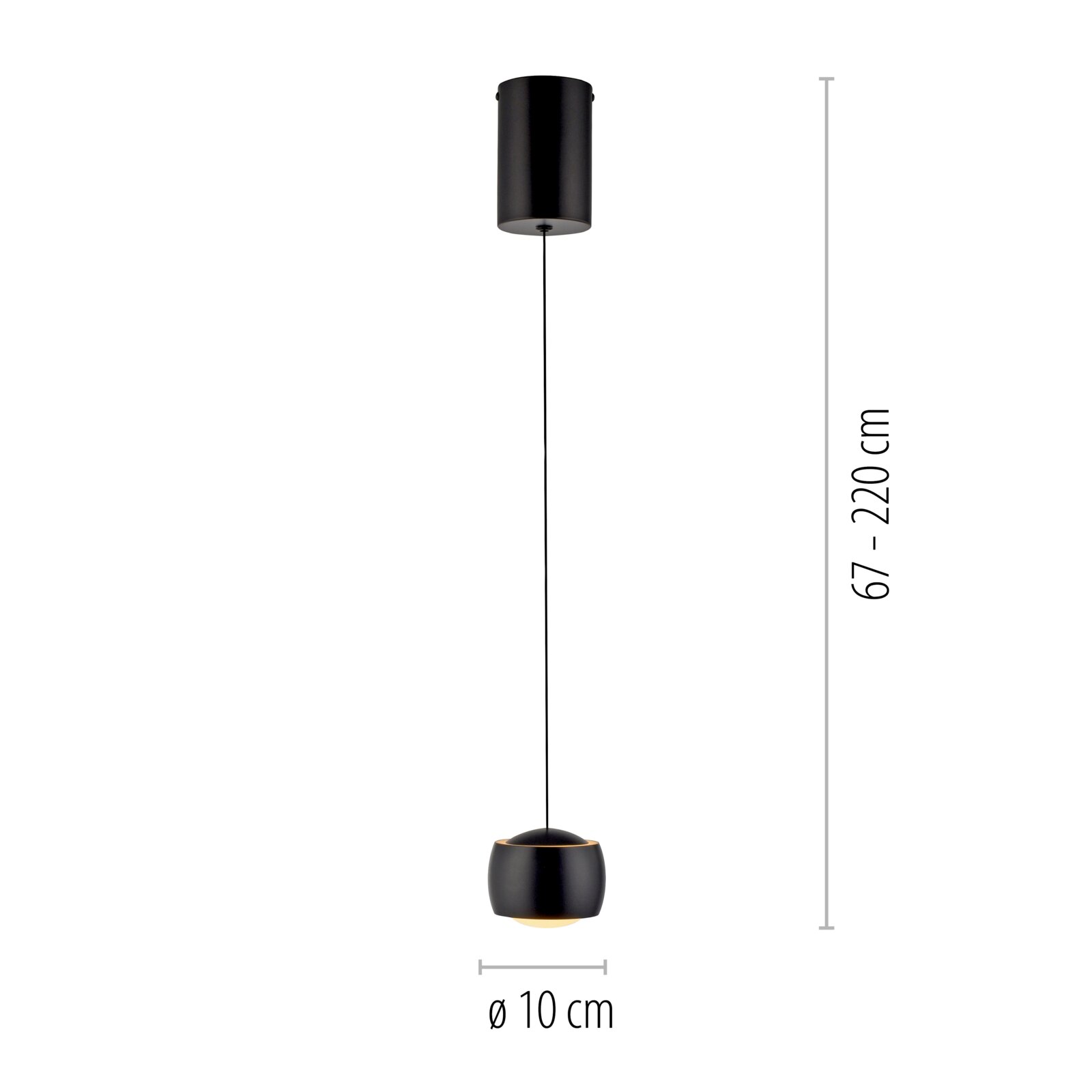 Moderne zwarte hanglamp met een verstelbare hoogte van 67 tot 220 cm, zijaanzicht