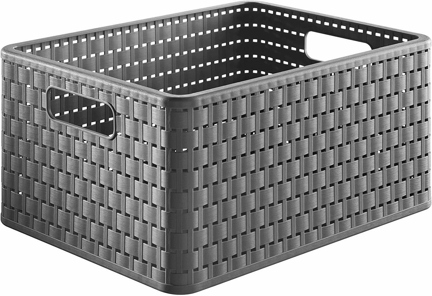Grauer Aufbewahrungskorb im A4-Format mit geflochtenem Design, seitliche Griffe, Perspektive von schräg oben.