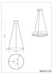 Technische Zeichnung einer runden LED-Pendelleuchte mit drei Abhängungen, Draufsicht und Seitenansicht mit Maßangaben (Ø 500 mm, Höhe 2000 mm), dargestellt in Frontal- und Perspektivansicht.