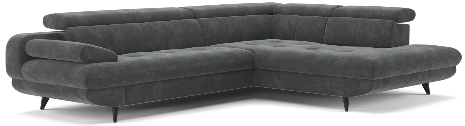 Dunkelgraues, modernes L-förmiges Ecksofa mit breiter Recamiere rechts, gepolsterten Armlehnen, verstellbaren Kopfstützen und schwarzen Metallfüßen, fotografiert in schräger Frontansicht von links