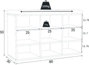 Technische Frontansicht eines niedrigen Regals/Sideboards mit drei offenen Fächern, Maße ca. 80×30×50 cm, Fachbreiten je 25 cm, mit Belastungsangaben 100 kg oben und 10 kg pro Einlegeboden.