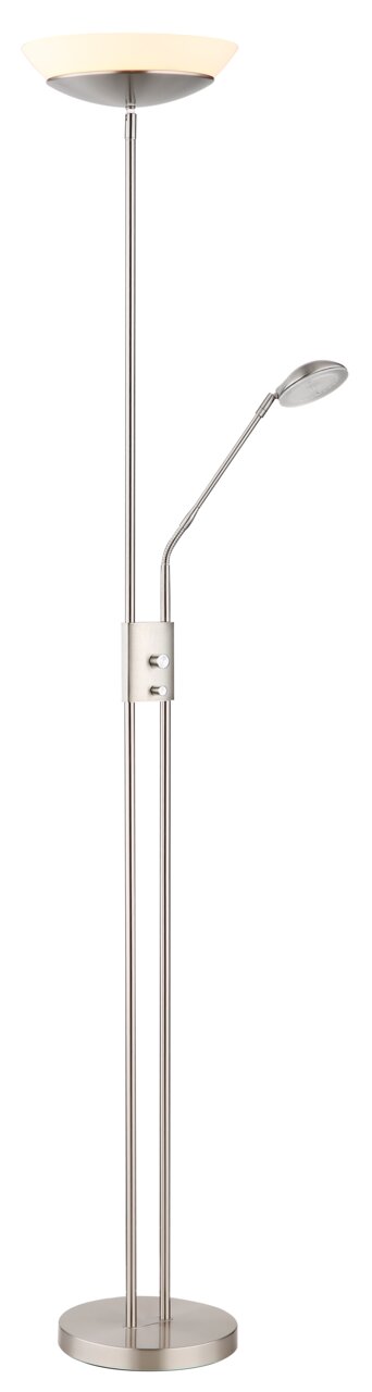 Moderner Deckenfluter mit Leselampe, silberfarben, seitliche Ansicht