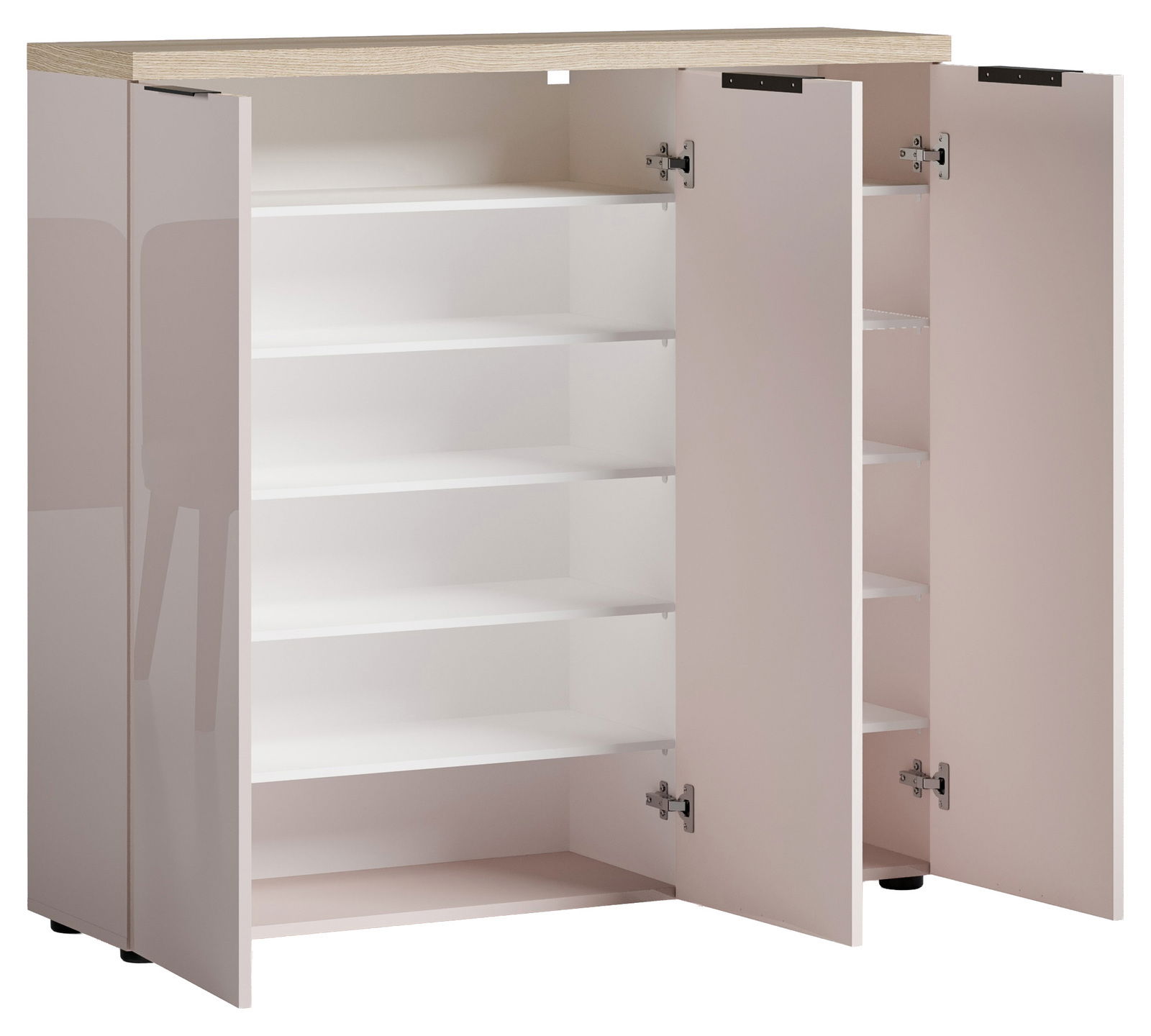 Offener XL-Schuhschrank mit mehreren Regalböden, aus hellem Holz und weißem Innenraum, frontal betrachtet.