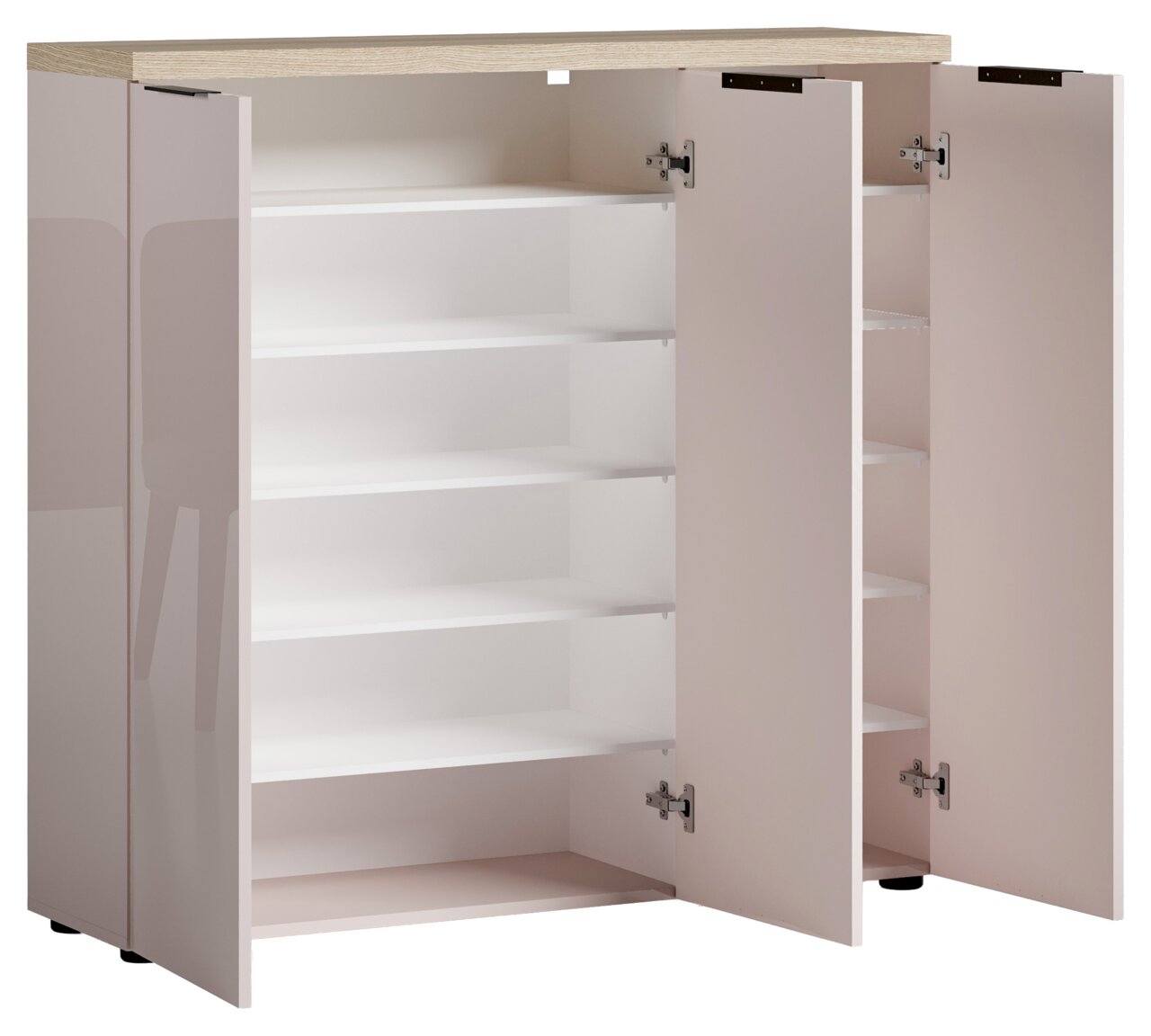 Offener XL-Schuhschrank mit mehreren Regalböden, aus hellem Holz und weißem Innenraum, frontal betrachtet.