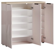 Offener XL-Schuhschrank mit mehreren Regalböden, aus hellem Holz und weißem Innenraum, frontal betrachtet.