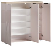 Offener XL-Schuhschrank mit mehreren Regalböden, aus hellem Holz und weißem Innenraum, frontal betrachtet.