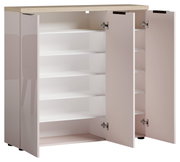 Offener XL-Schuhschrank mit mehreren Regalböden, aus hellem Holz und weißem Innenraum, frontal betrachtet.