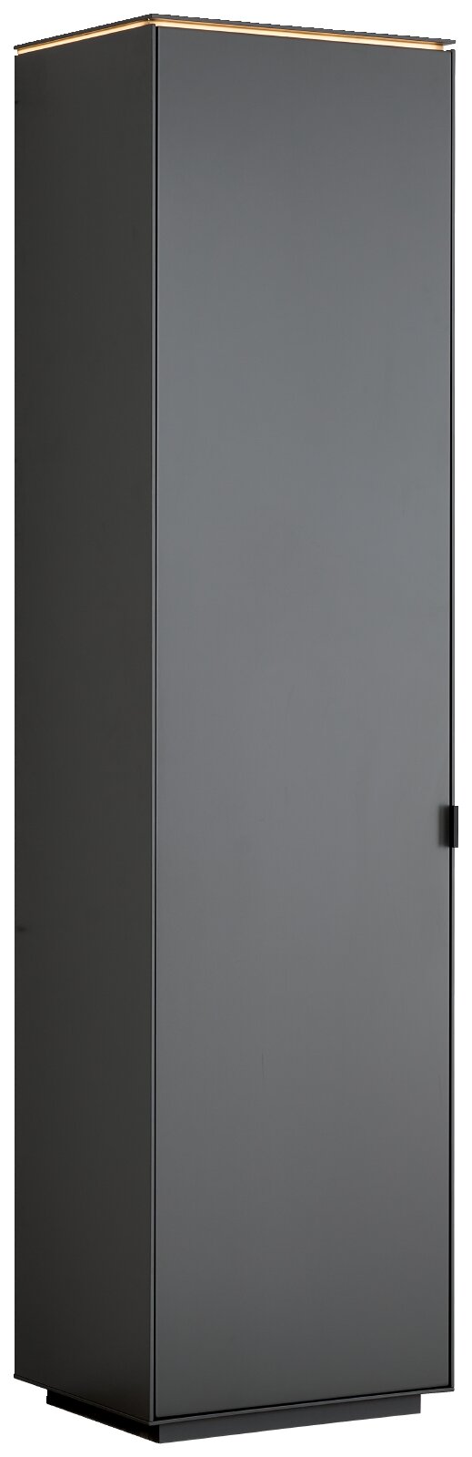 Hoher, schmaler Schrank in Anthrazit und Grau mit dezenter LED-Lichtleiste oben, Ansicht schräg von vorne (3/4-Perspektive)