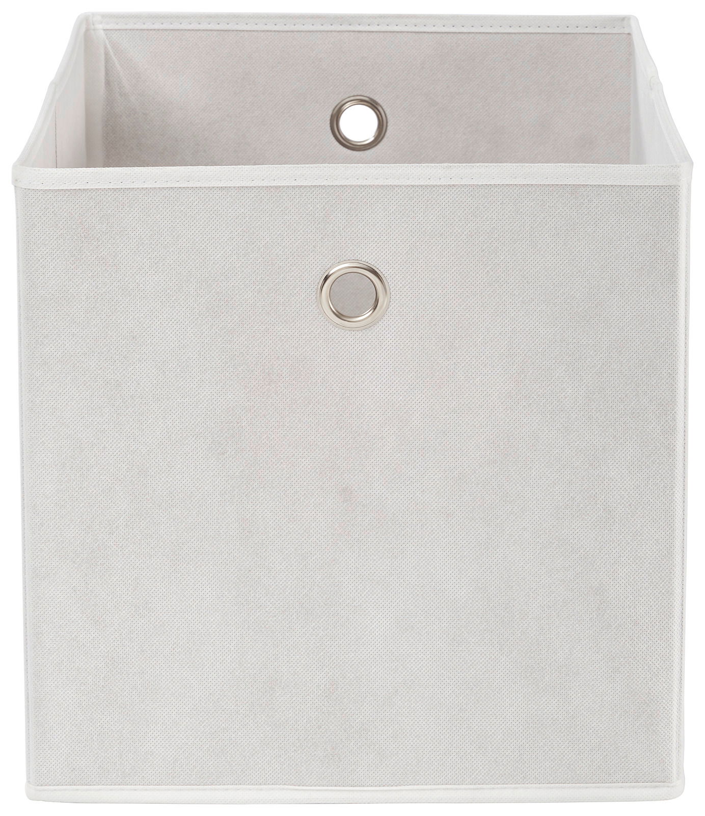 Weiße Stoffbox mit Metallösen, frontale Ansicht