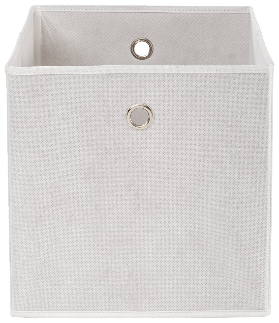 Weiße Stoffbox mit Metallösen, frontale Ansicht