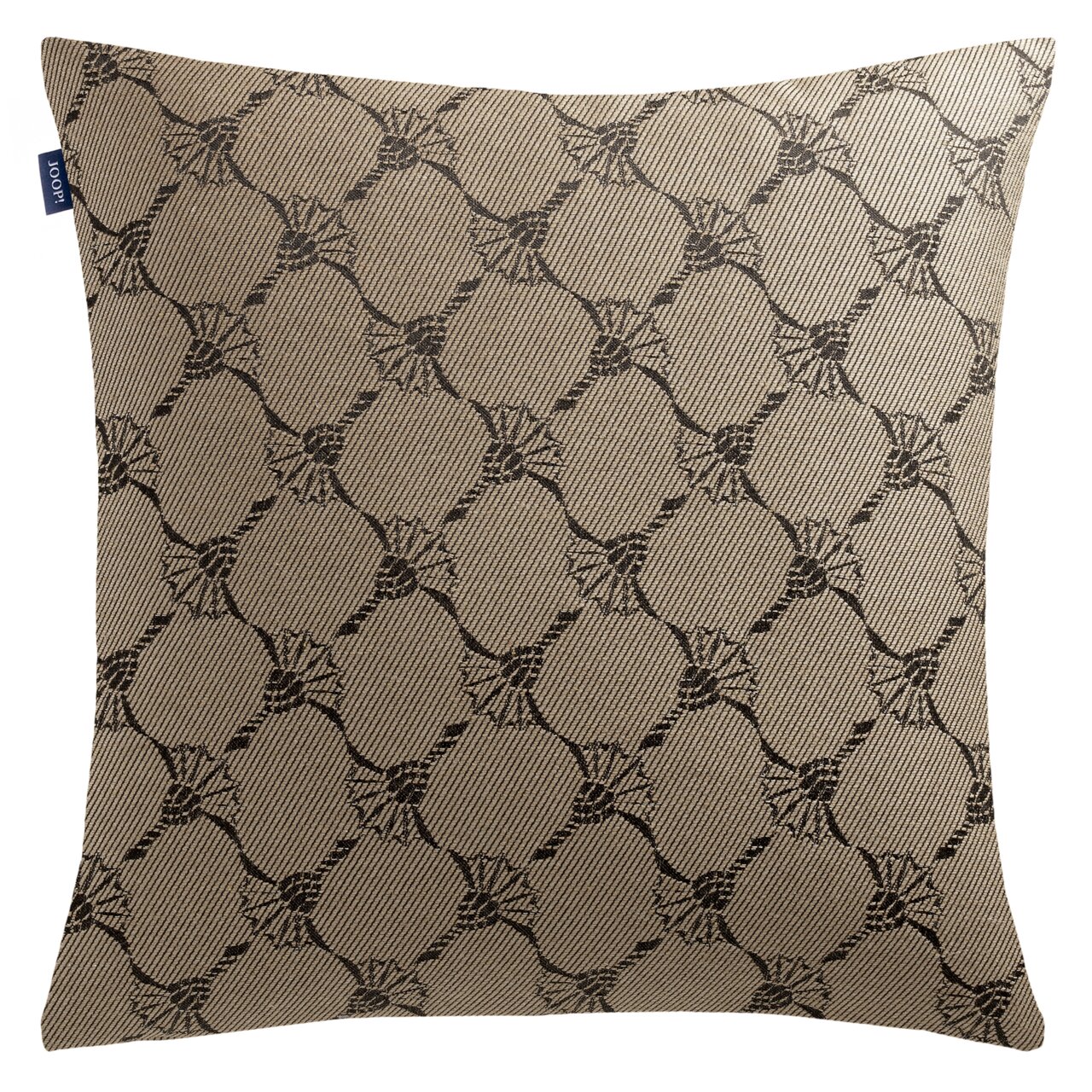 Zierkissenhülle mit elegantem, geometrischem Muster in Braun- und Beigetönen, Vorderansicht