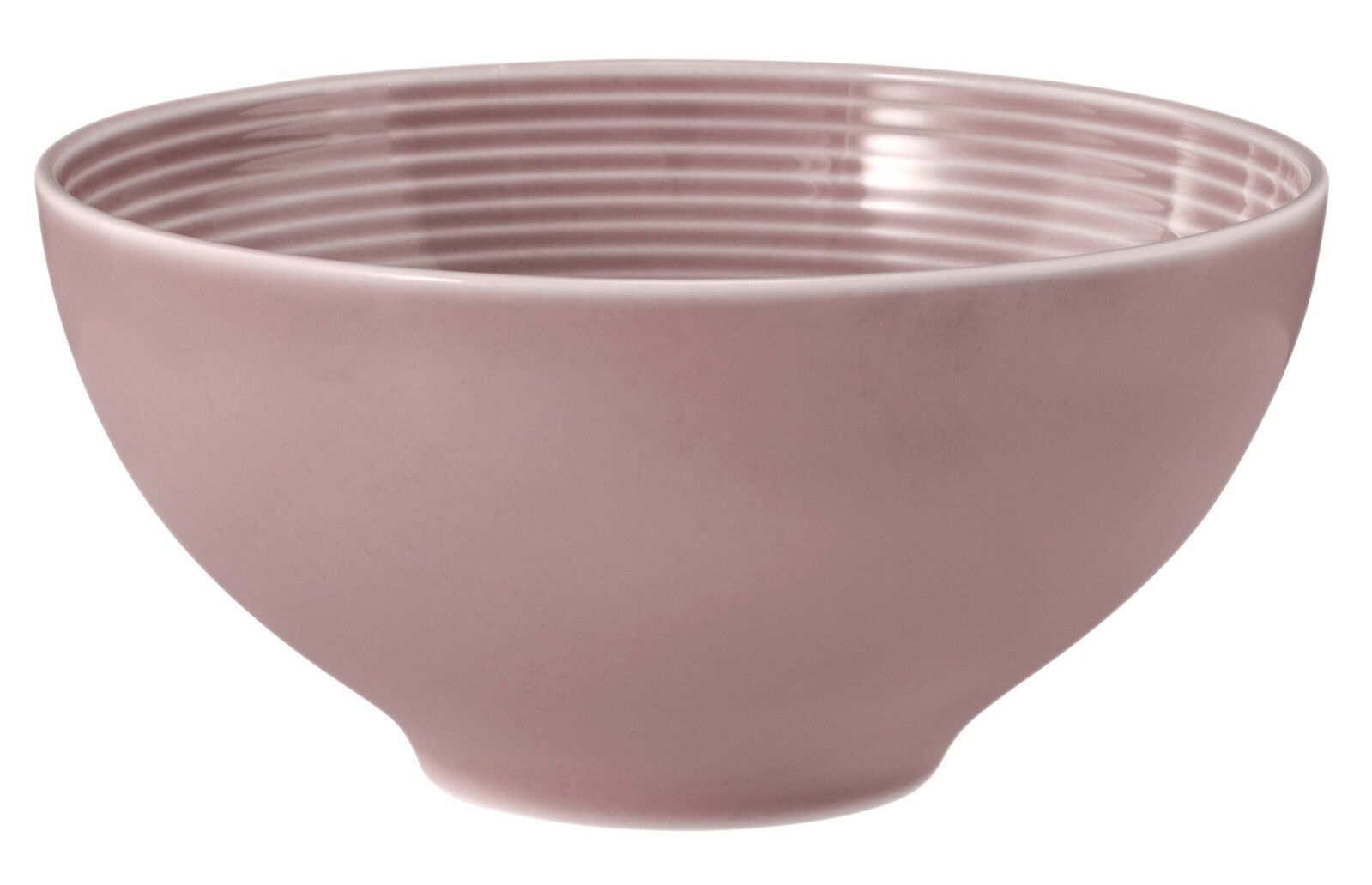 Runde rosa Schüssel mit gerilltem Innenmuster, seitliche Perspektive