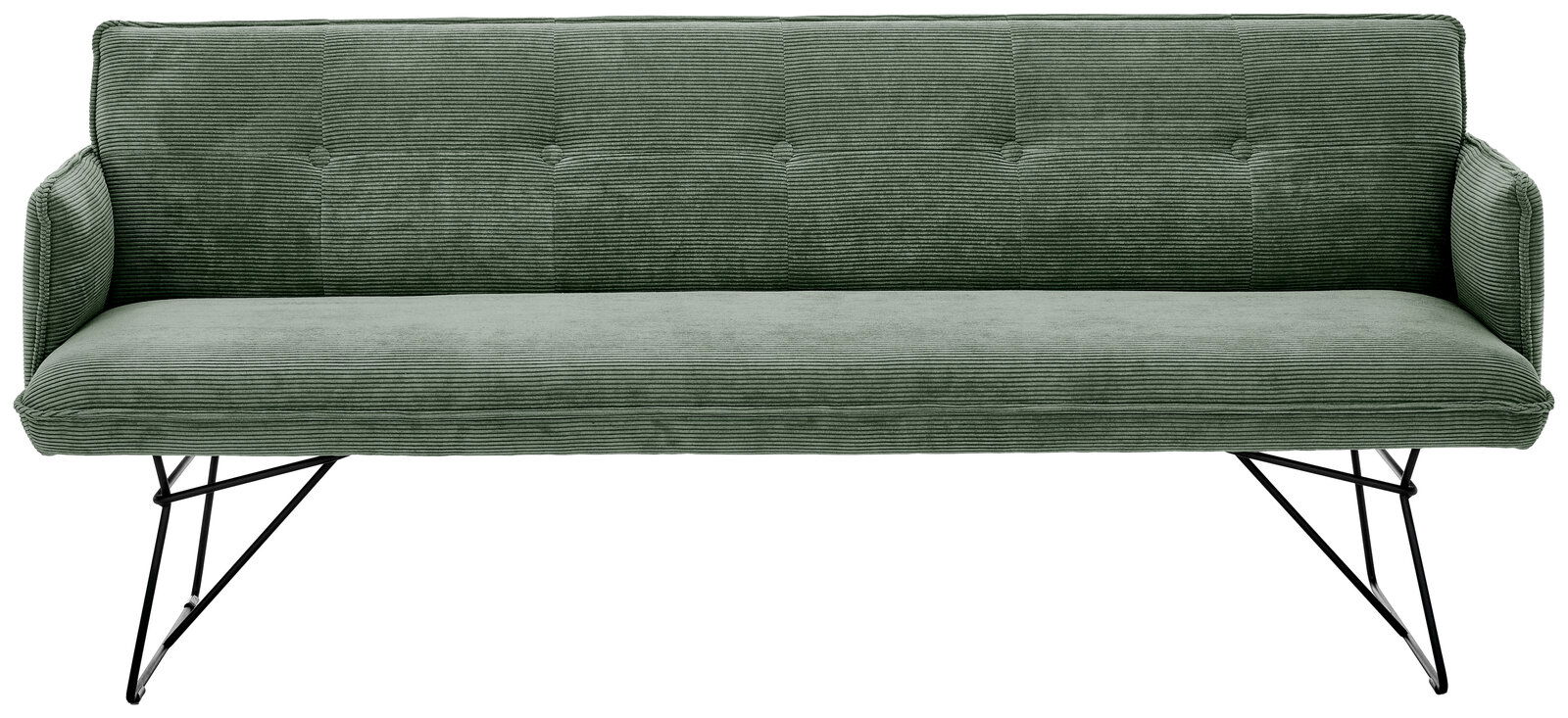 Grüne 3-Sitzer-Solobank mit geripptem Stoffbezug und schwarzen Metallbeinen, Frontalansicht
