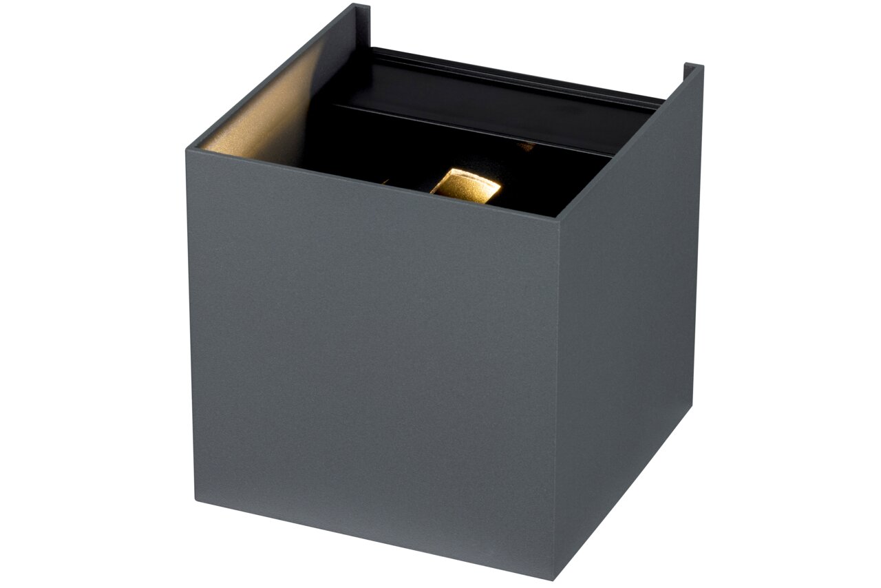 Graue LED-Wandleuchte in kubischer Form, seitliche Perspektive