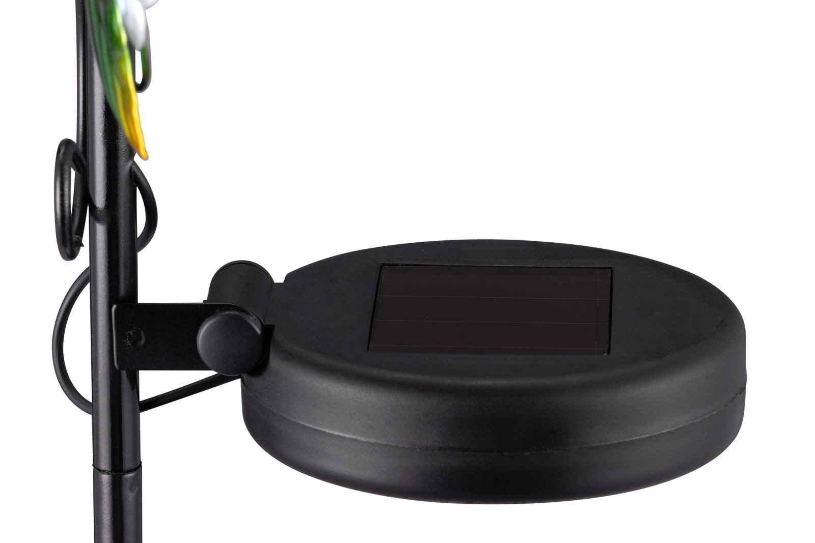 Seitliche Ansicht einer schwarzen Solarleuchte mit Solarpanel auf der Oberseite.