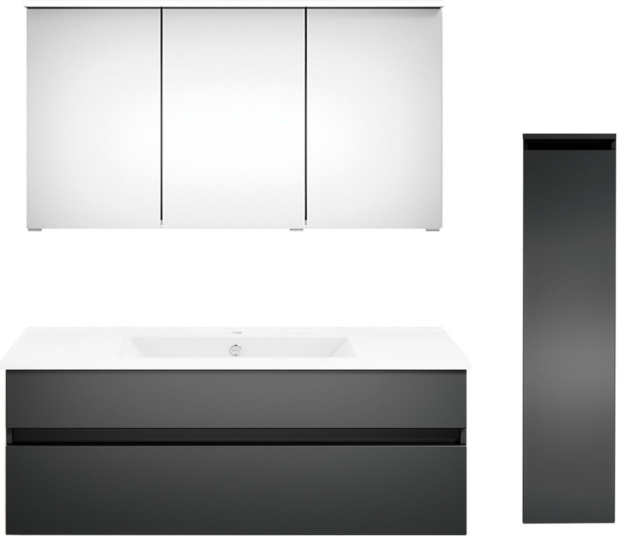 Moderne Badkombination mit Spiegelschrank, Waschbeckenunterschrank und hohem Seitenschrank, Frontalansicht