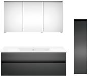 Moderne Badkombination mit Spiegelschrank, Waschbeckenunterschrank und hohem Seitenschrank, Frontalansicht
