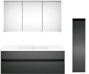 Moderne Badkombination mit Spiegelschrank, Waschbeckenunterschrank und hohem Seitenschrank, Frontalansicht