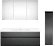 Moderne Badkombination mit Spiegelschrank, Waschbeckenunterschrank und hohem Seitenschrank, Frontalansicht