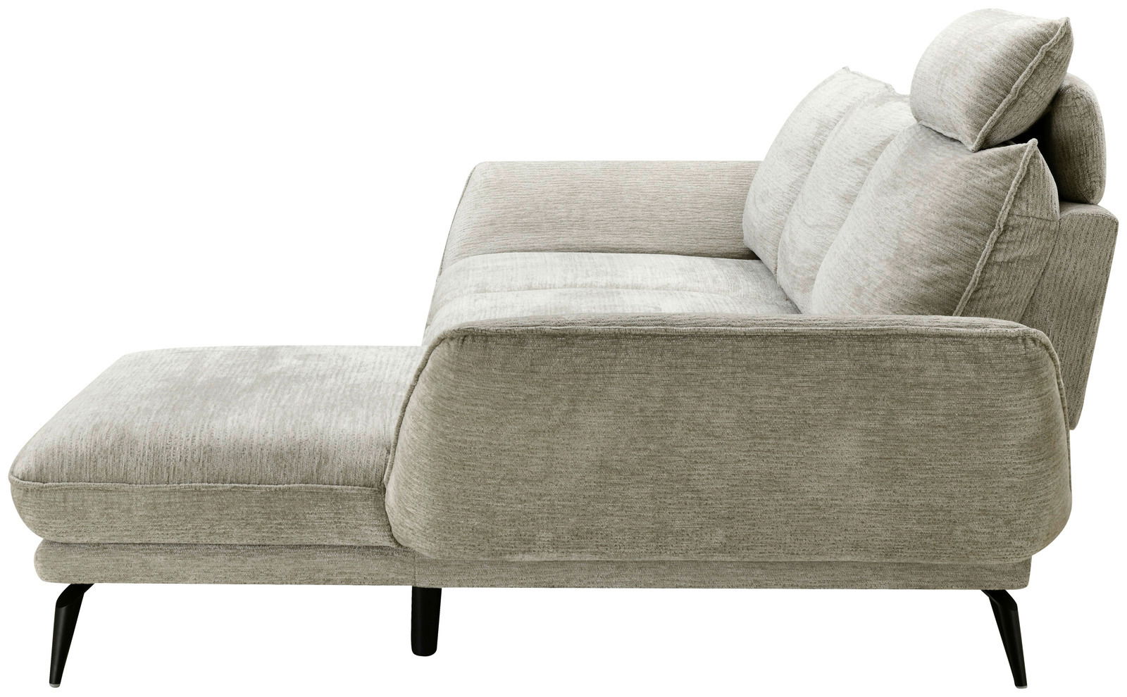 Seitenansicht eines modernen, hellgrauen Longchairkombis mit verstellbarer Kopfstütze und schwarzen Beinen.