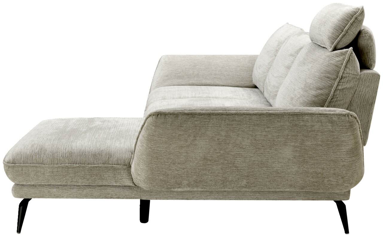 Seitenansicht eines modernen, hellgrauen Longchairkombis mit verstellbarer Kopfstütze und schwarzen Beinen.