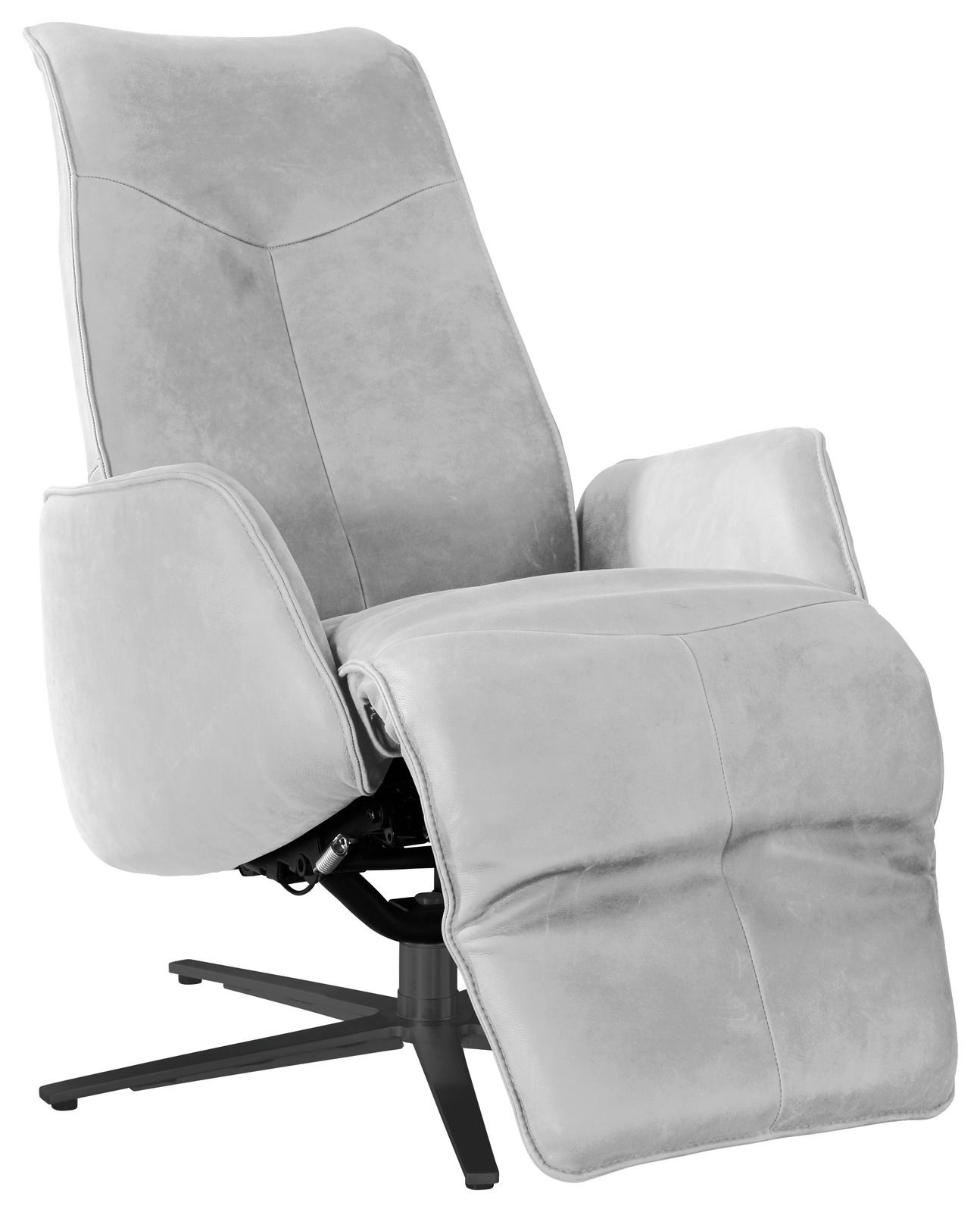 Grauer Fernsehsessel mit verstellbarer Rückenlehne und Fußstütze, seitliche Perspektive