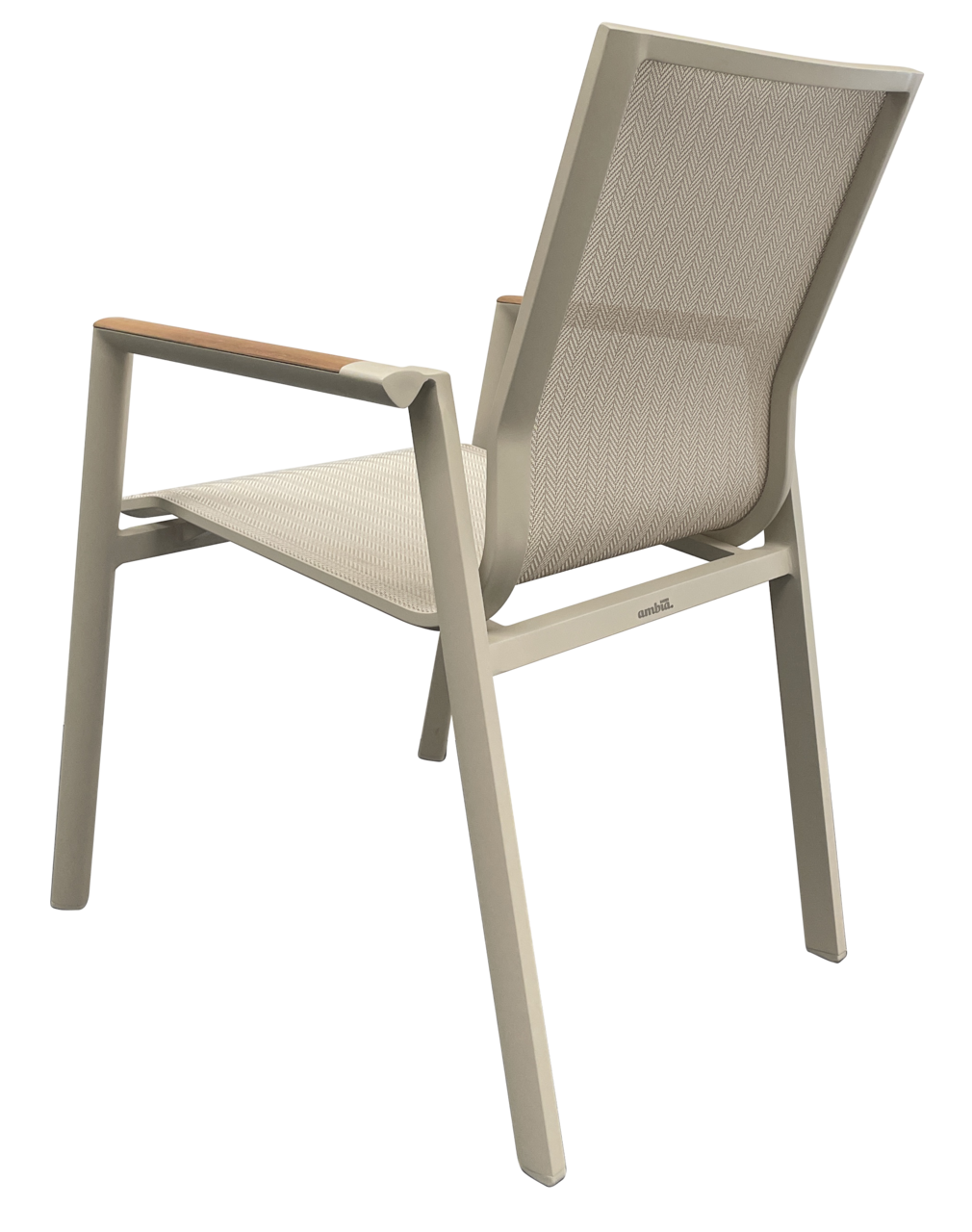 Moderner Stapelstuhl mit Armlehnen, Rückansicht, beige Netzbespannung und Metallrahmen.
