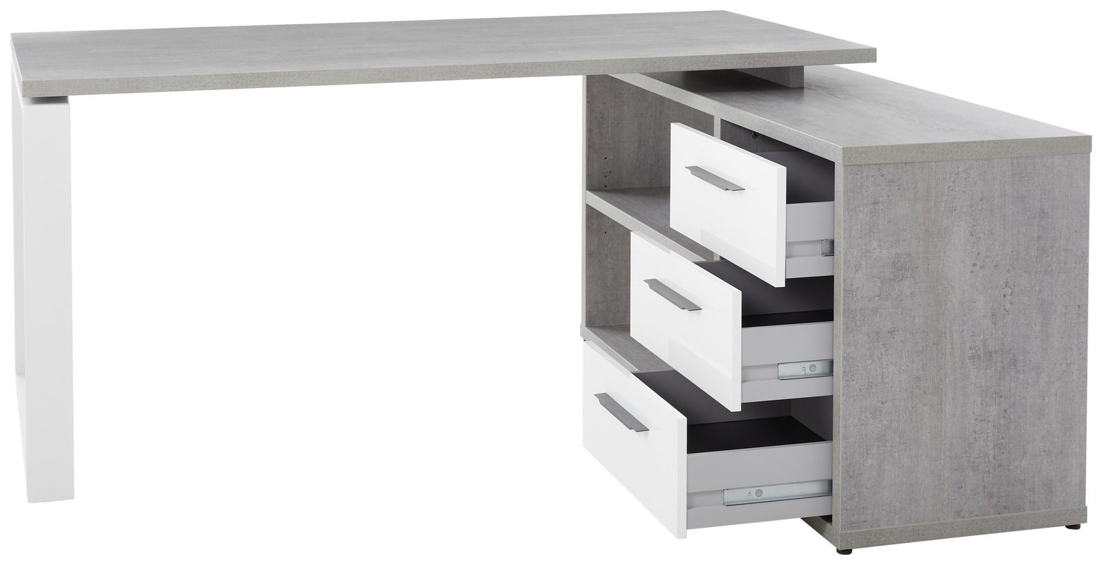 Moderner Eckschreibtisch in Betonoptik mit weißen Schubladen, seitliche Perspektive