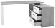 Moderner Eckschreibtisch in Betonoptik mit weißen Schubladen, seitliche Perspektive