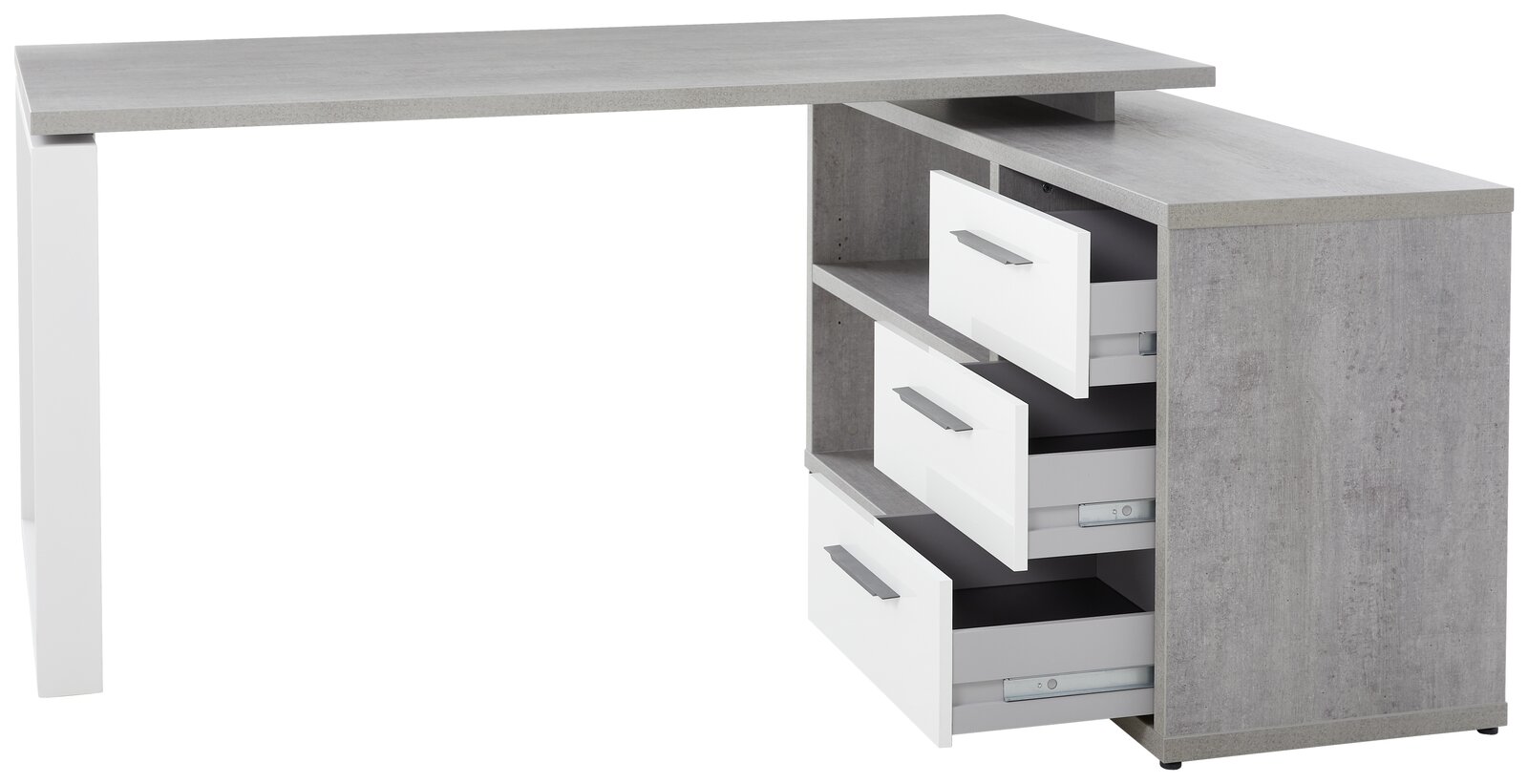 Moderner Eckschreibtisch in Betonoptik mit weißen Schubladen, seitliche Perspektive
