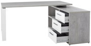 Moderner Eckschreibtisch in Betonoptik mit weißen Schubladen, seitliche Perspektive