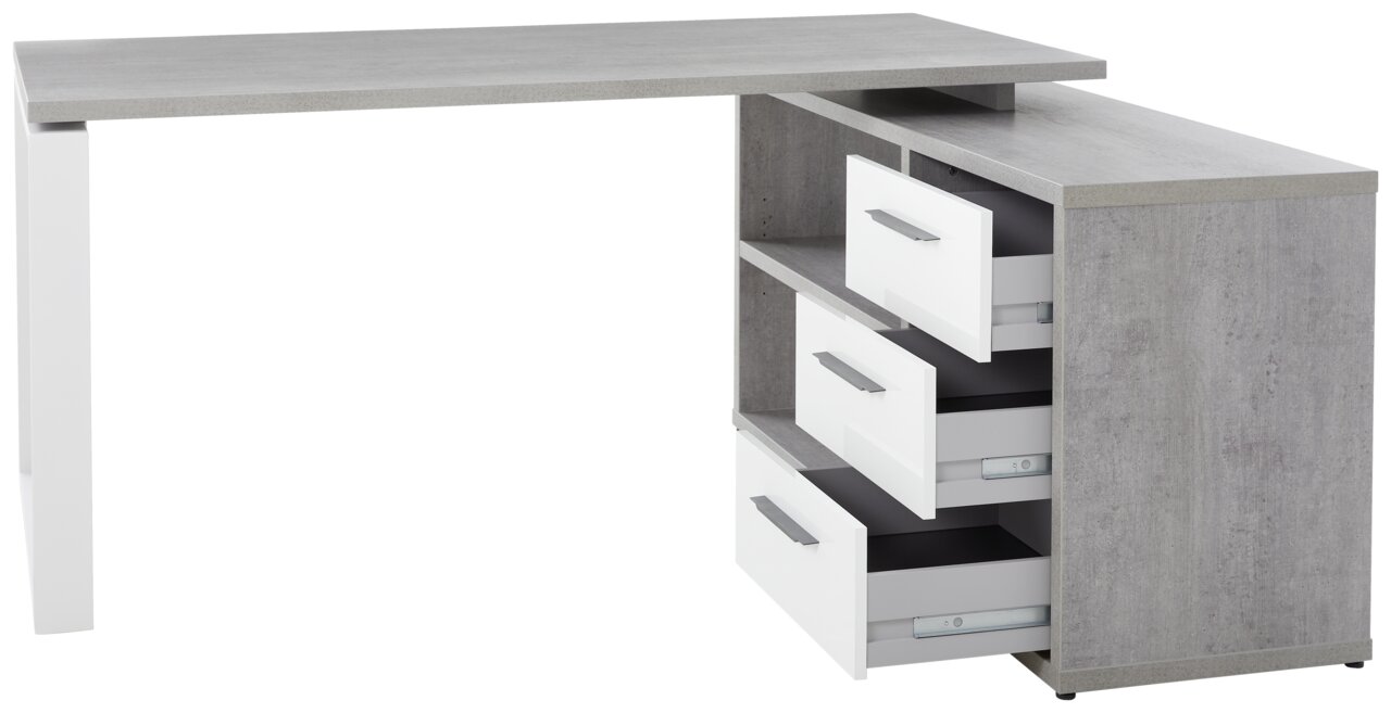 Moderner Eckschreibtisch in Betonoptik mit weißen Schubladen, seitliche Perspektive