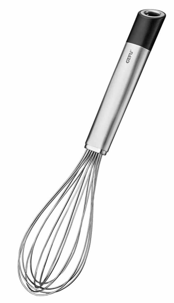 Schneebesen PRIMELINE, 28 cm, aus Edelstahl mit ergonomischem Griff, seitliche Perspektive