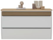 Frontansicht eines modernen XXL-Hängeschuhschranks mit LED-Beleuchtung, weiß mit Holzdetails und dekorativen Objekten auf der Oberseite.