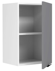 Weißer Hängeschrank/Wandschrank mit geöffneter grauer Tür und zwei Innenfächern, Produktansicht schräg von vorne rechts