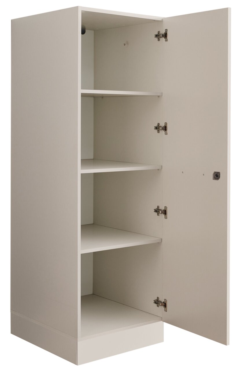 Weißer Hochschrank mit geöffneter Tür und drei Einlegeböden, Innenansicht in leichter Frontansicht von schräg rechts