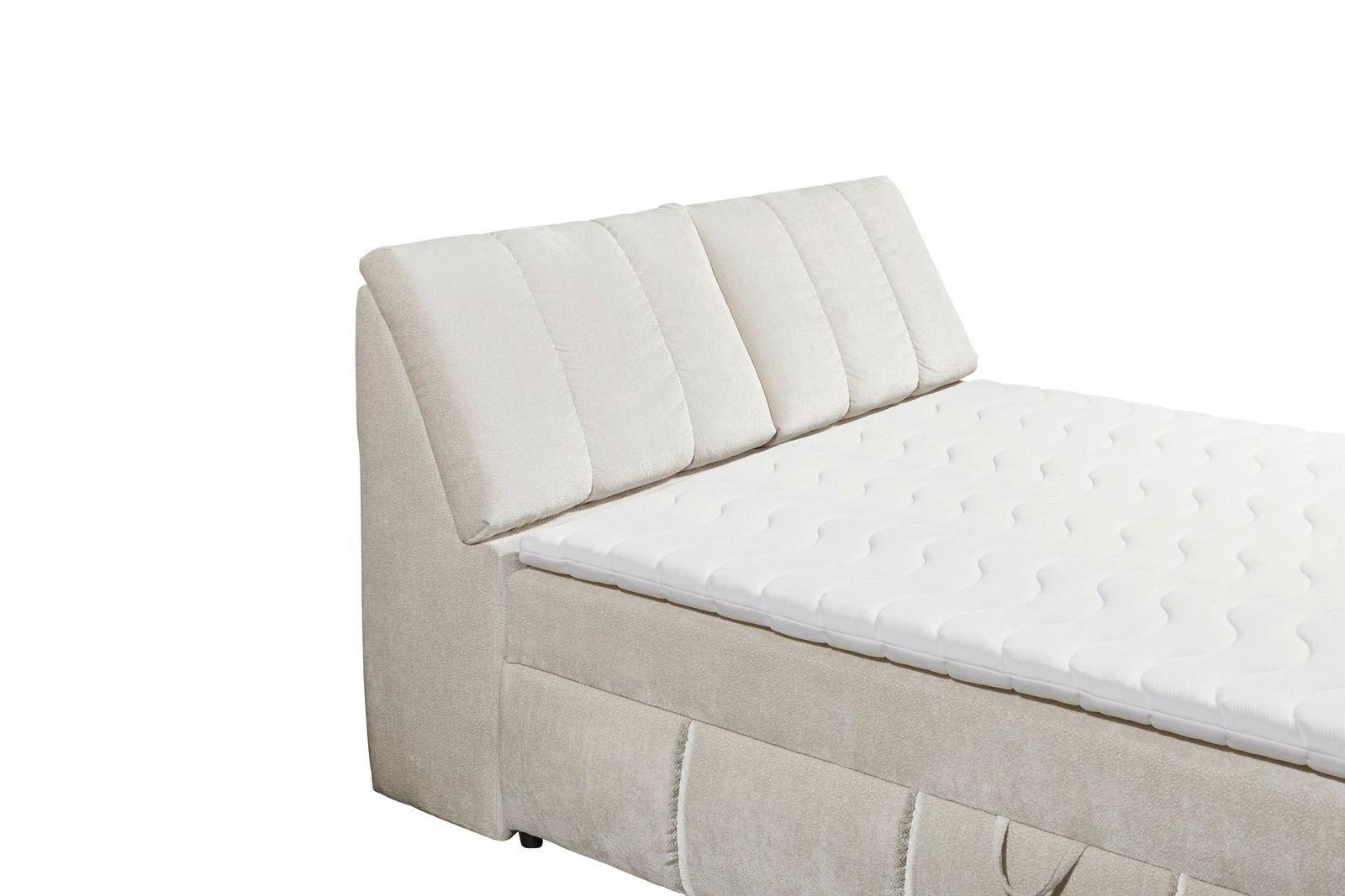 Beiges Boxspringbett mit gepolstertem Kopfteil, seitliche Perspektive