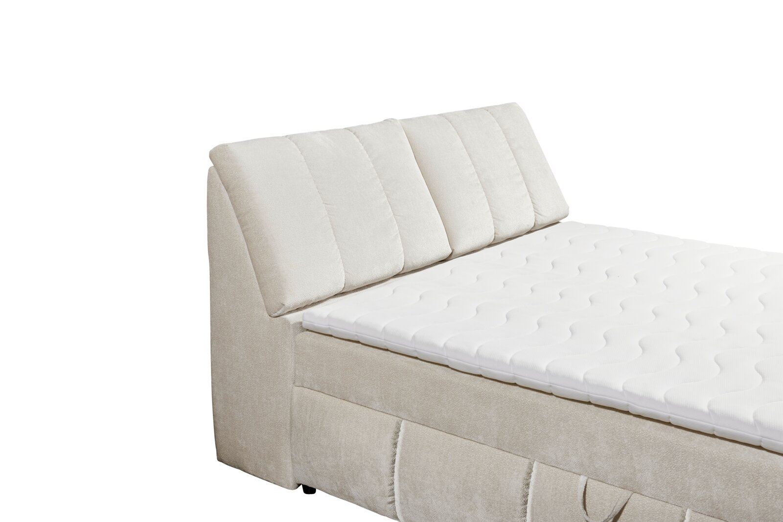 Beiges Boxspringbett mit gepolstertem Kopfteil, seitliche Perspektive