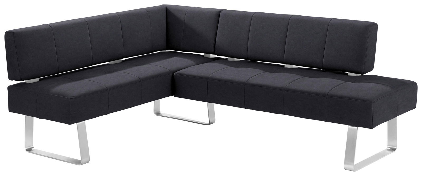 Moderne Eckbank in dunklem Stoffbezug mit Metallfüßen, seitliche Perspektive