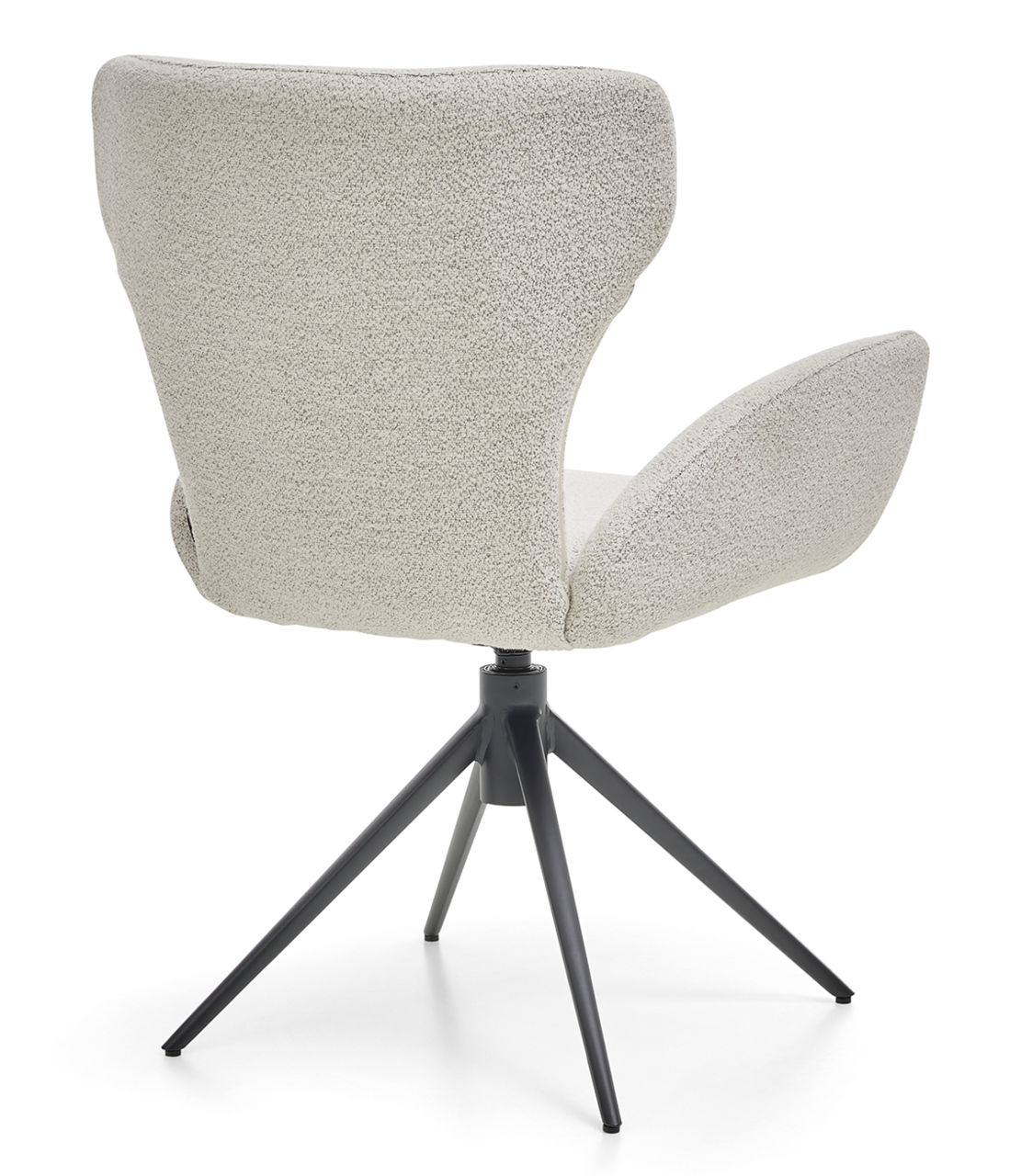 Rückansicht eines modernen Armlehnstuhls mit hellgrauem Stoffbezug und schwarzem Metallgestell.