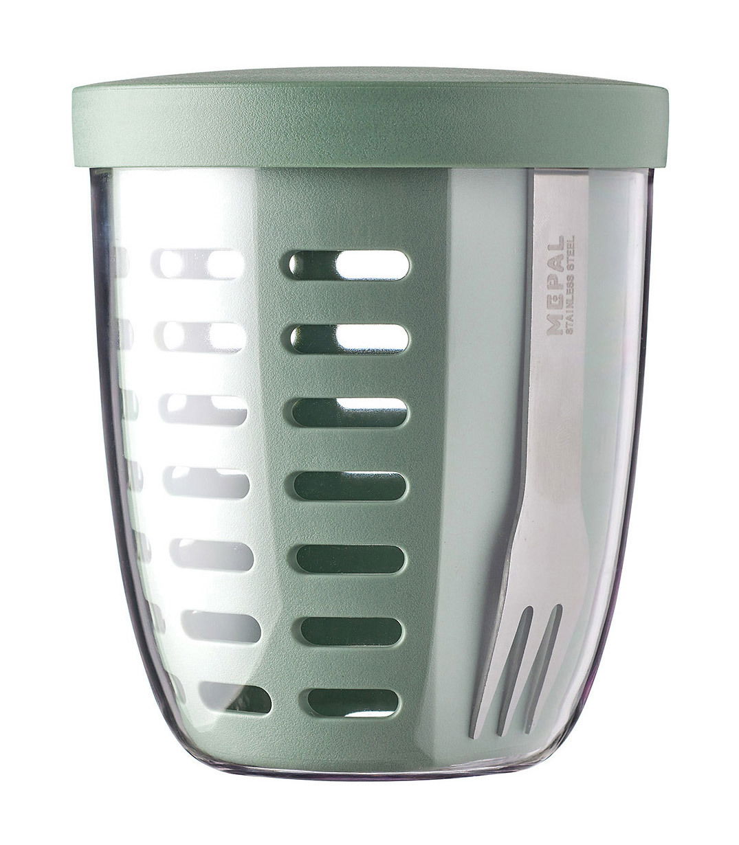Mepal Fruitpot Nordic sage ELLIPSE Grüner Fruchtbehälter in Ellipsenform mit transparentem Deckel und integrierter Gabel, seitliche Perspektive