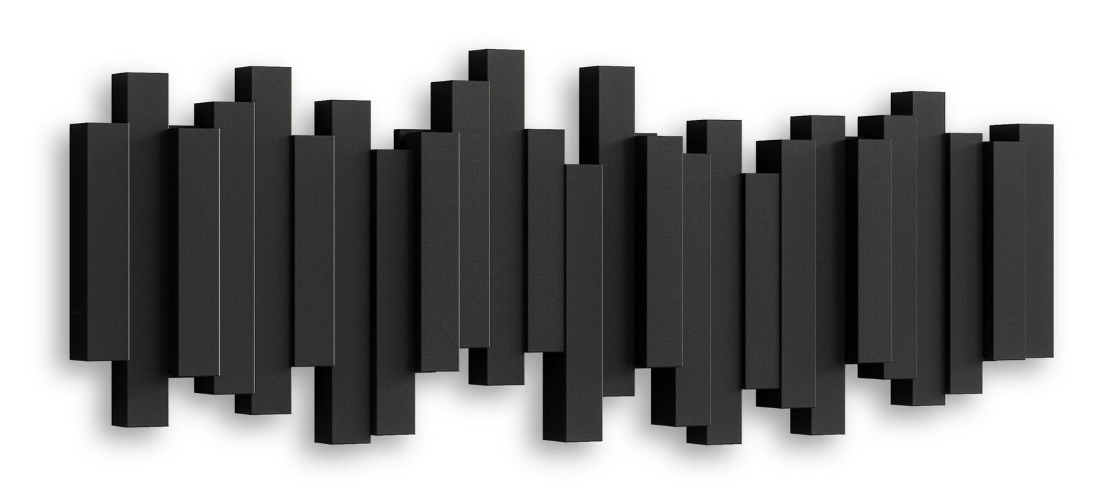 Moderne Wandgarderobe in Schwarz mit geometrischem Design, frontal betrachtet.