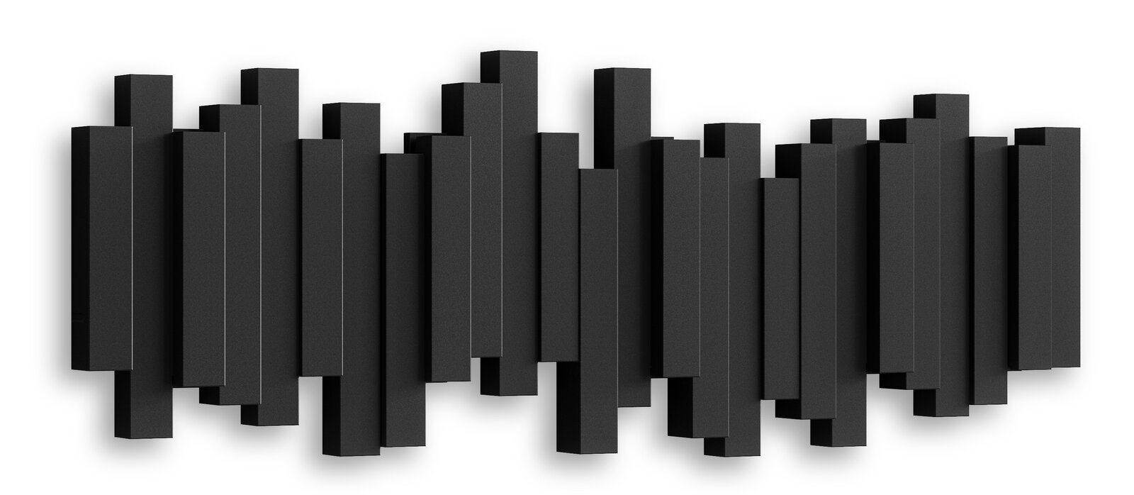 Moderne Wandgarderobe in Schwarz mit geometrischem Design, frontal betrachtet.