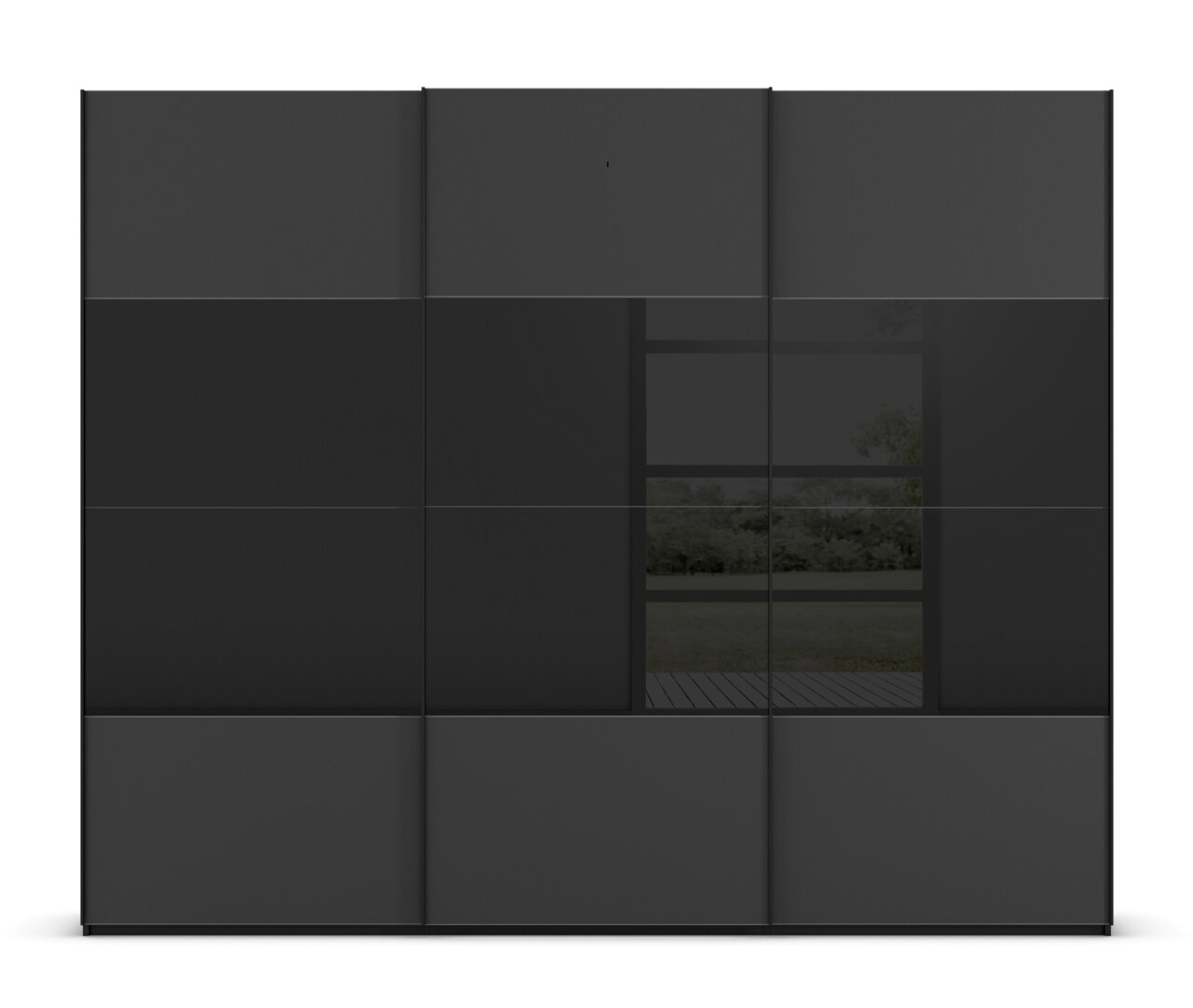 Moderner, dreitüriger Schwebetürenschrank in dunklem Design, Frontalansicht