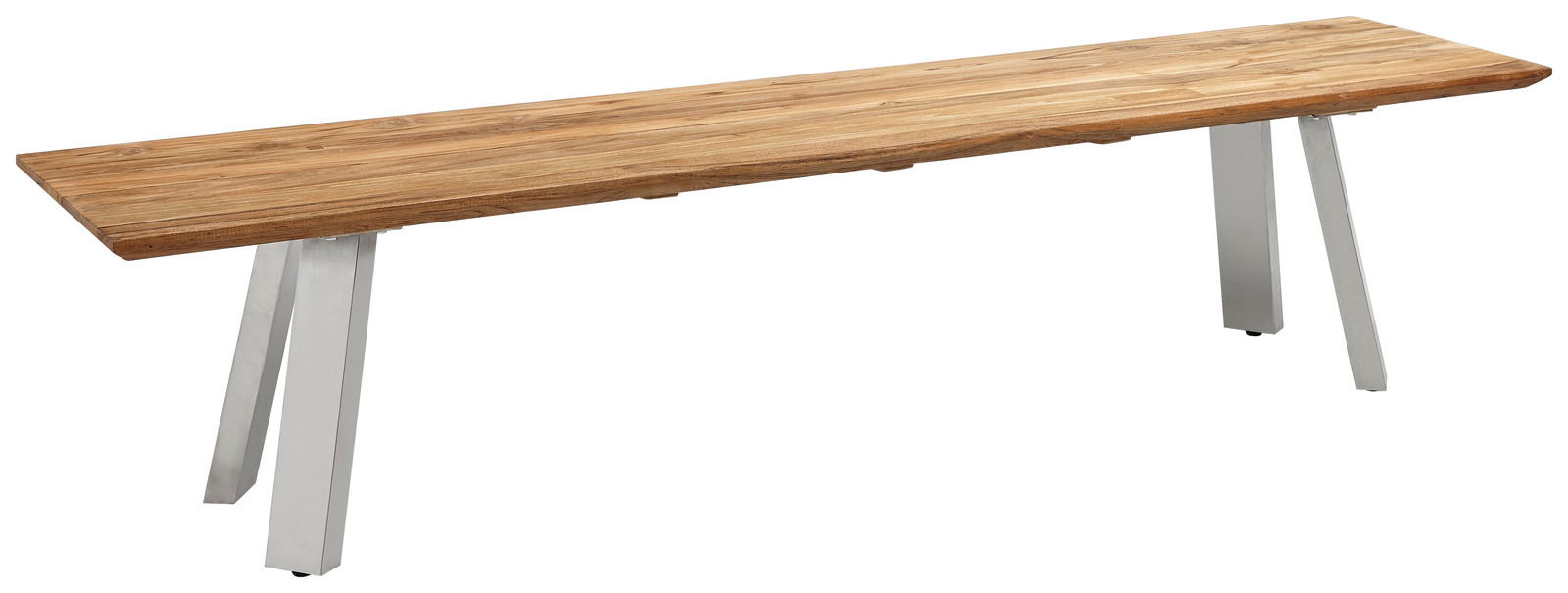 Lange Gartenbank aus Holz mit weißen Metallbeinen, seitliche Perspektive